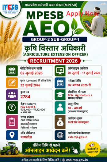 MPESB Recruitment 2026, MPESB Vacancy 2026, MPESB AEO Group-2 Sub-Group-1 Agriculture Extension Officer (AEO) Recruitment 2026, MPESB AEO ग्रुप-2 सब-ग्रुप-1 एग्रीकल्चर एक्सटेंशन ऑफिसर (AEO) भर्ती 2026 का आधिकारिक नोटिफिकेशन, MPESB Recruitment 2026 Syllabus,