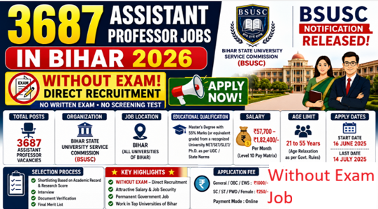 BSUSC Assistant Professor Vacancy 2026, BSUSC Assistant Professor Notification, Bihar Assistant Professor Eligibility, BSUSC Assistant Professor Recruitment 2026, Assistant Professor 3687 Jobs, Bihar Assistant Professor Interview Syllabus,